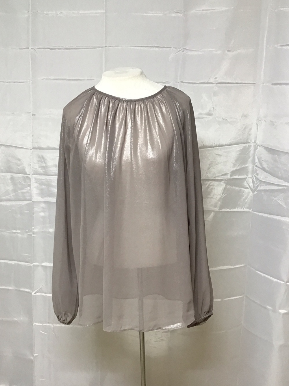 Prologue Semi Sheer Metallic Taupe Long Sleeve Shirred Tie Crew Neck Y2K Top Med